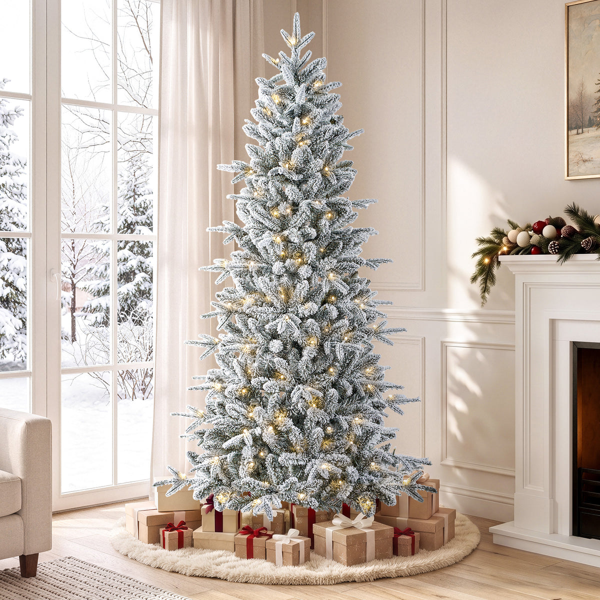 6 ft Pre-Lit Snow Flocked Slim Aspen Fir Artificial Christmas Tree, 900 PE & PVC Tips, 250 Warm White & Multicolor LED Lights