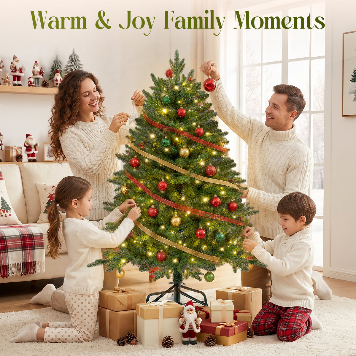 Christmas Tree, 4ft Pre-Lit Christmas Tree with 100 Warm White & Multicolor LED Lights, 465 PE & PVC Tips, Hinged Artificial Pine Tree for Small Spaces, Bedroom, Office, Entryway