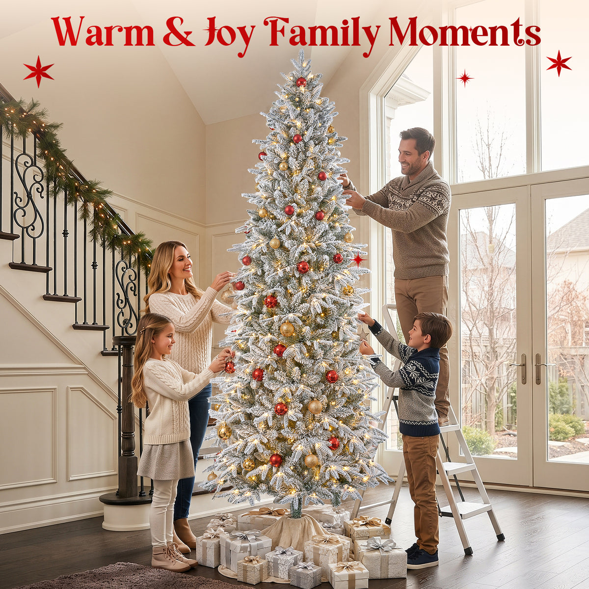 9FT Pre-Lit Flocked Christmas Tree, 500 Warm White LED Lights, 1906 PE & PVC Branch Tips Snowy Artificial Christmas Tree