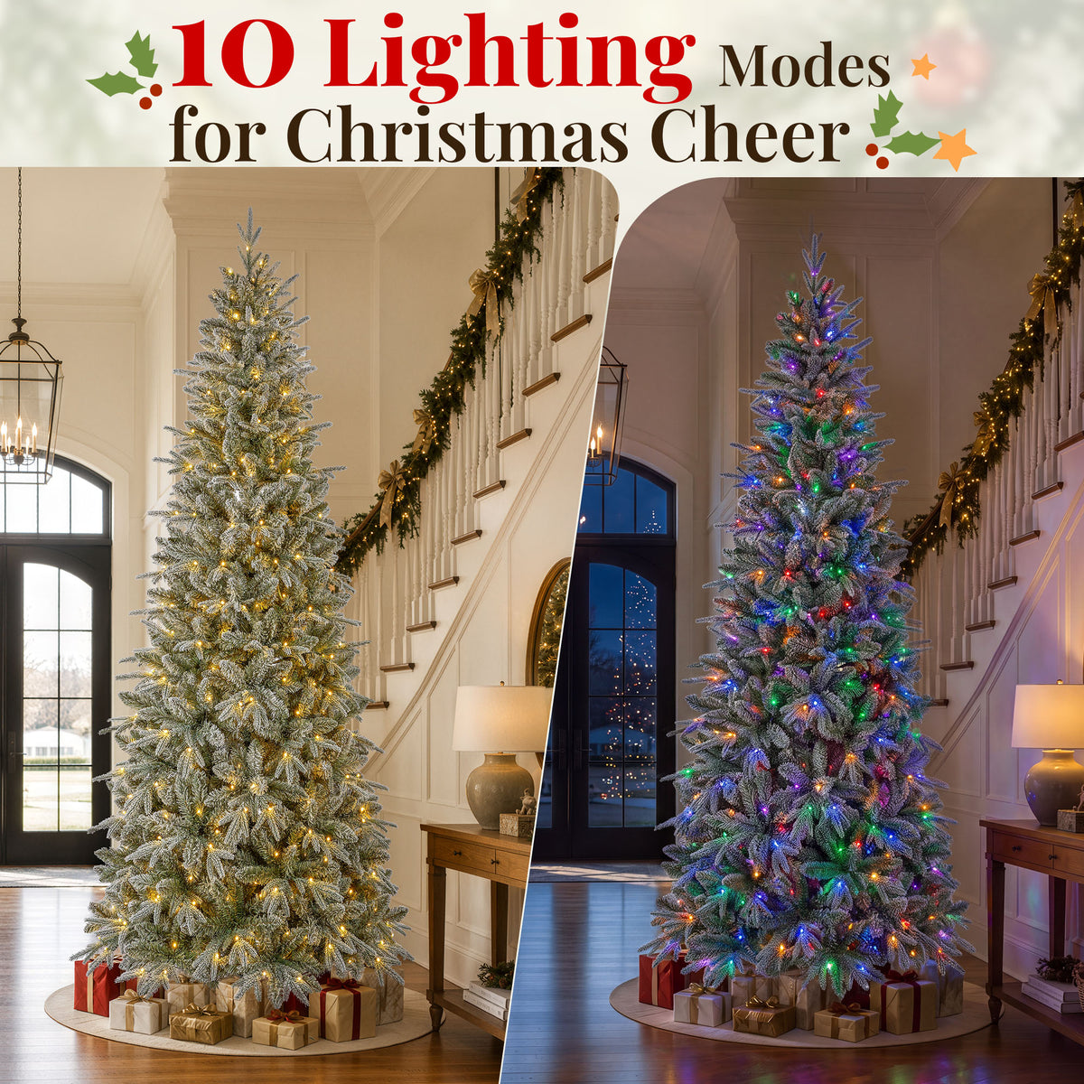 Goosiay 9 ft Pre-Lit Frosted Slim Aspen Fir Artificial Christmas Tree, PE & PVC Branches, 420 Warm White & Multicolor Lights, 10 Light Modes, 1889 Branch Tips