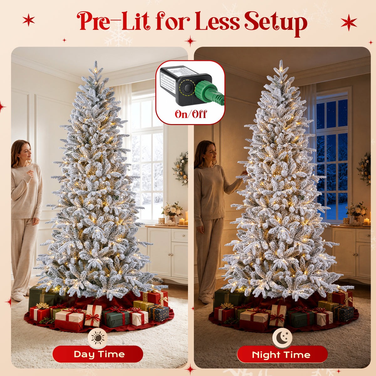 7FT Pre-Lit Flocked Christmas Tree, 300 Warm White LED Lights, 1060 PE & PVC Tips Snowy Artificial Christmas Tree