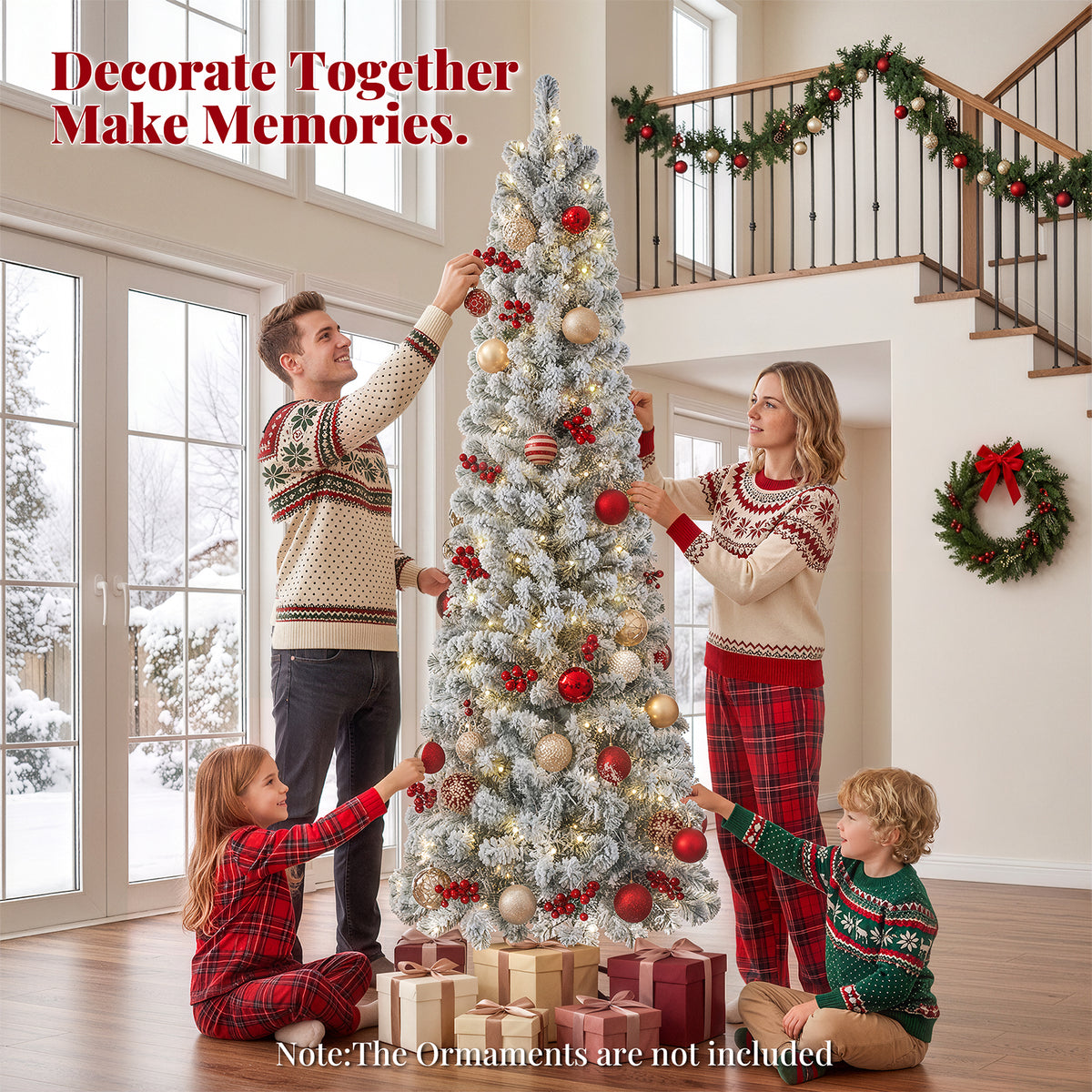 Goosiay 7ft Snow Flocked Pencil Christmas Tree, Pre-Lit Artificial Christmas Tree with 640 Tips,300 Warm White & Multicolor Lights, 10 Modes, Slim Xmas Tree with Stand