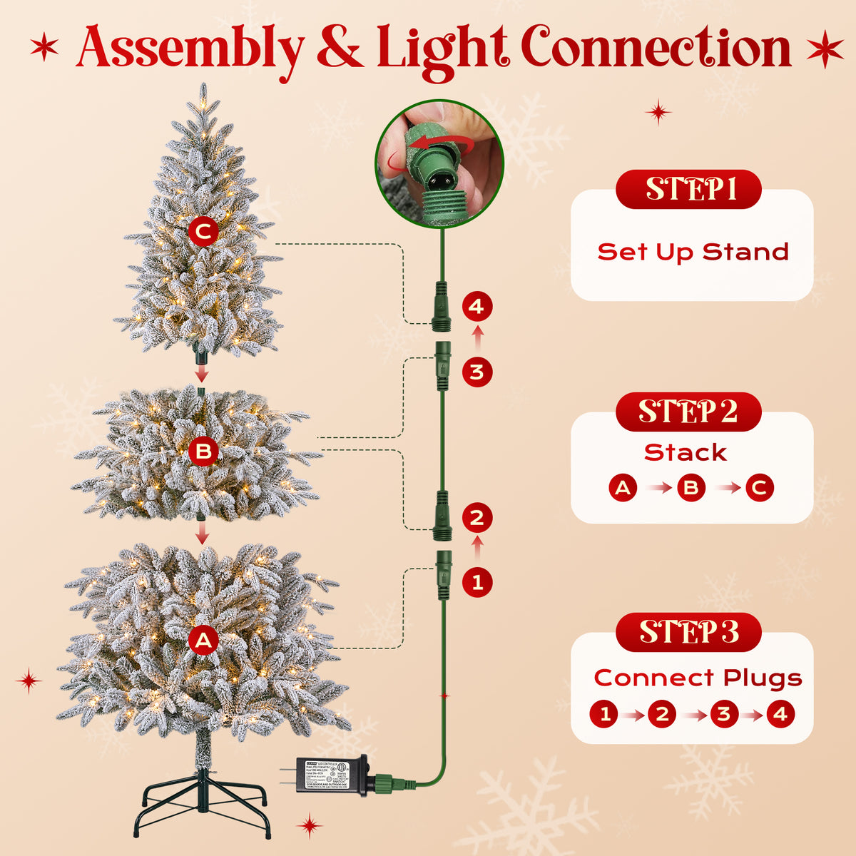 7FT Pre-Lit Flocked Christmas Tree, 300 Warm White LED Lights, 1060 PE & PVC Tips Snowy Artificial Christmas Tree