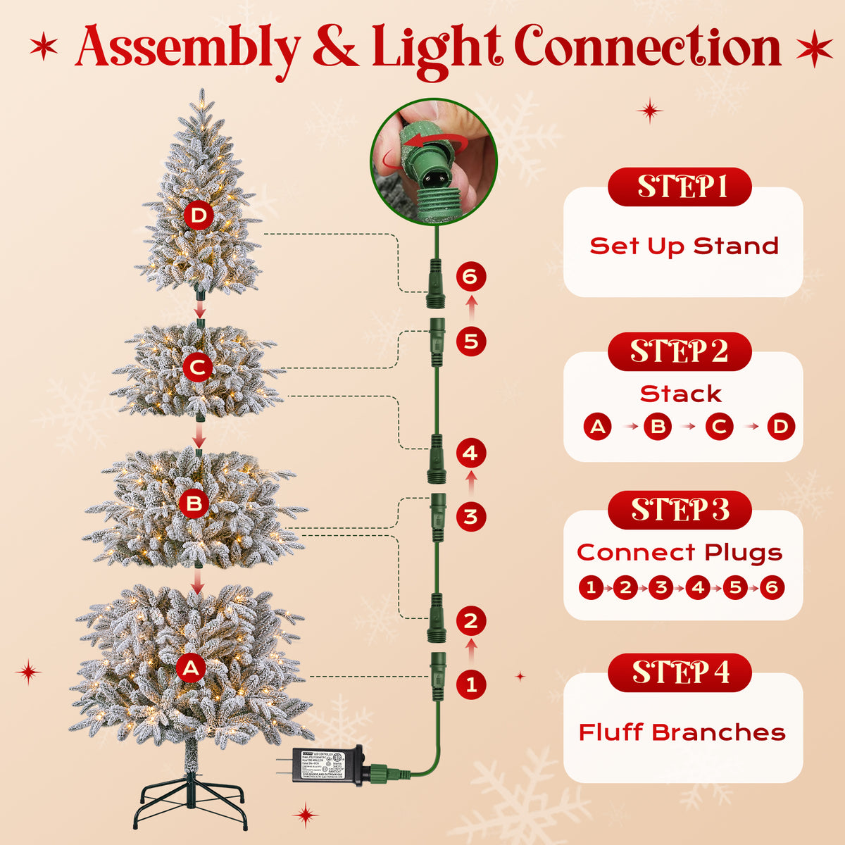 9FT Pre-Lit Flocked Christmas Tree, 500 Warm White LED Lights, 1906 PE & PVC Branch Tips Snowy Artificial Christmas Tree