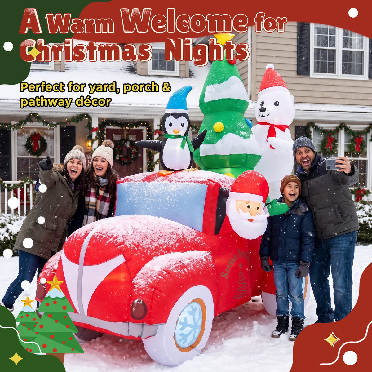 Goosiay 8 ft Outdoor Christmas Inflatable with Santa, Penguin, Polar Bear and Red Car, Built-in LED Lights for Yard, Lawn and Garden