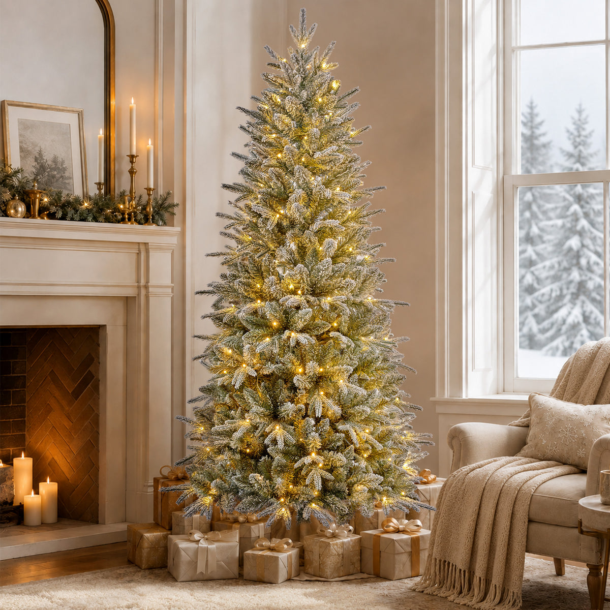 Goosiay 6 ft Pre-Lit Frosted Slim Aspen Fir Artificial Christmas Tree, PE & PVC Branches, 200 Warm White & Multicolor Lights, 10 Light Modes, 853 Branch Tips