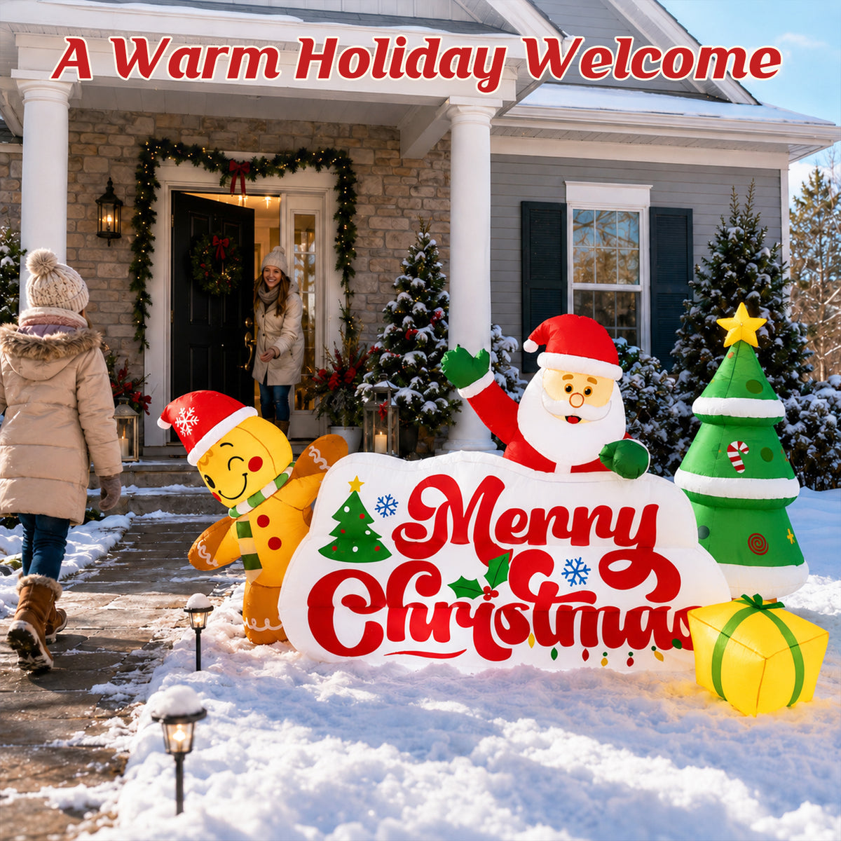 10ft Christmas Inflatables Outdoor Decorations, Merry Christmas Sign with Santa Gingerbread Christmas Tree, Built-in LEDs for Yard Lawn Garden