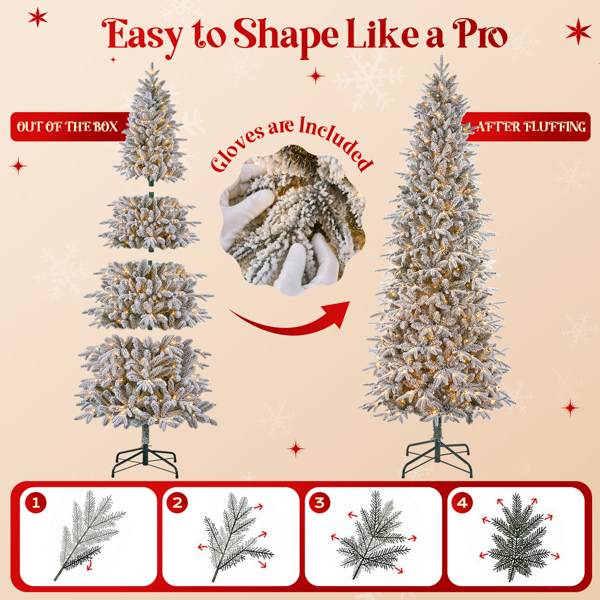 9FT Pre-Lit Flocked Christmas Tree, 500 Warm White LED Lights, 1906 PE & PVC Branch Tips Snowy Artificial Christmas Tree