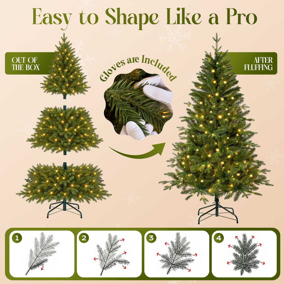Goosiay 6ft Prelit Hinged Christmas Tree with 300 Multicolor & Warm White LED Lights, 980 Branch Tips, Metal Stand