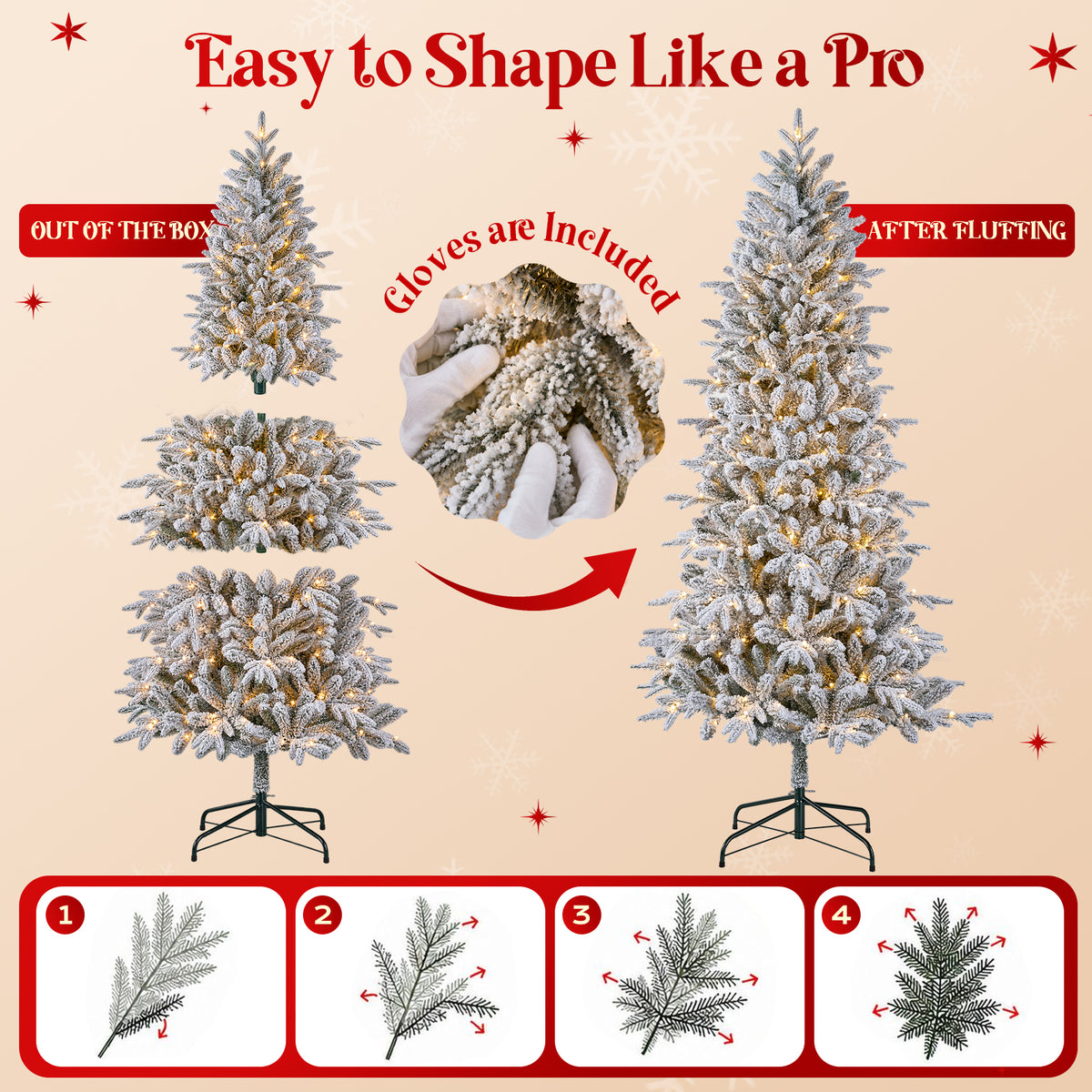 7FT Pre-Lit Flocked Christmas Tree, 300 Warm White LED Lights, 1060 PE & PVC Tips Snowy Artificial Christmas Tree