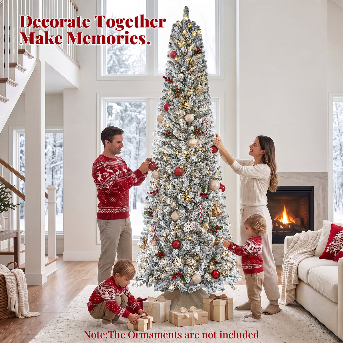 9ft Snow Flocked Pencil Christmas Tree, Pre-Lit Artificial Christmas Tree with 1250 Tips, 400 Warm White & Multicolor Lights, 10 Modes, Tall Slim Xmas Tree with Stand