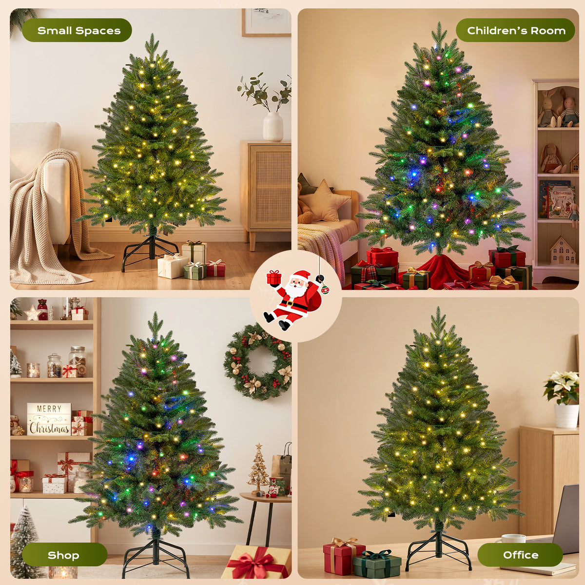 Christmas Tree, 4ft Pre-Lit Christmas Tree with 100 Warm White & Multicolor LED Lights, 465 PE & PVC Tips, Hinged Artificial Pine Tree for Small Spaces, Bedroom, Office, Entryway
