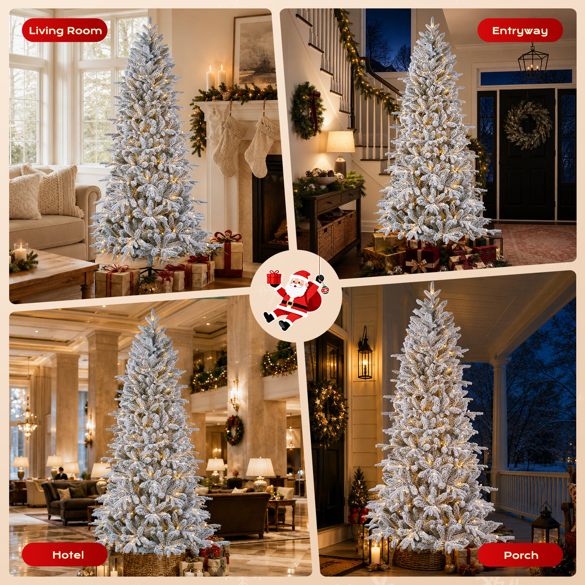 7FT Pre-Lit Flocked Christmas Tree, 300 Warm White LED Lights, 1060 PE & PVC Tips Snowy Artificial Christmas Tree