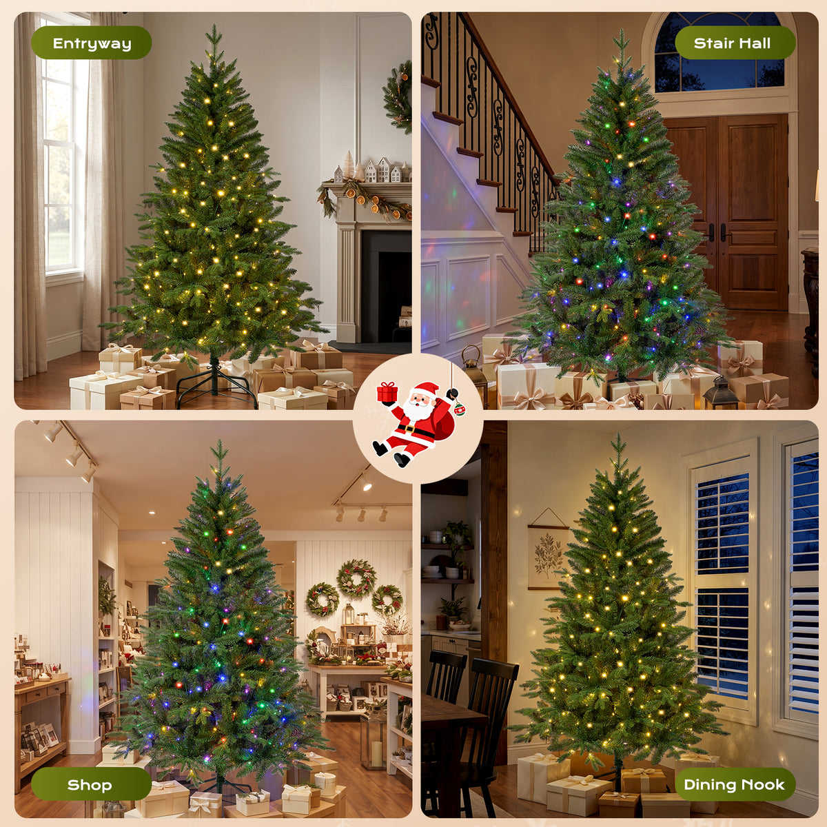Goosiay 6ft Prelit Hinged Christmas Tree with 300 Multicolor & Warm White LED Lights, 980 Branch Tips, Metal Stand