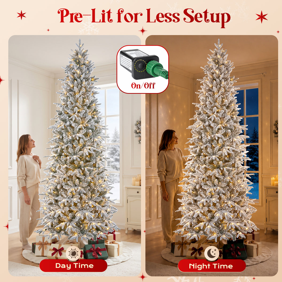 9FT Pre-Lit Flocked Christmas Tree, 500 Warm White LED Lights, 1906 PE & PVC Branch Tips Snowy Artificial Christmas Tree