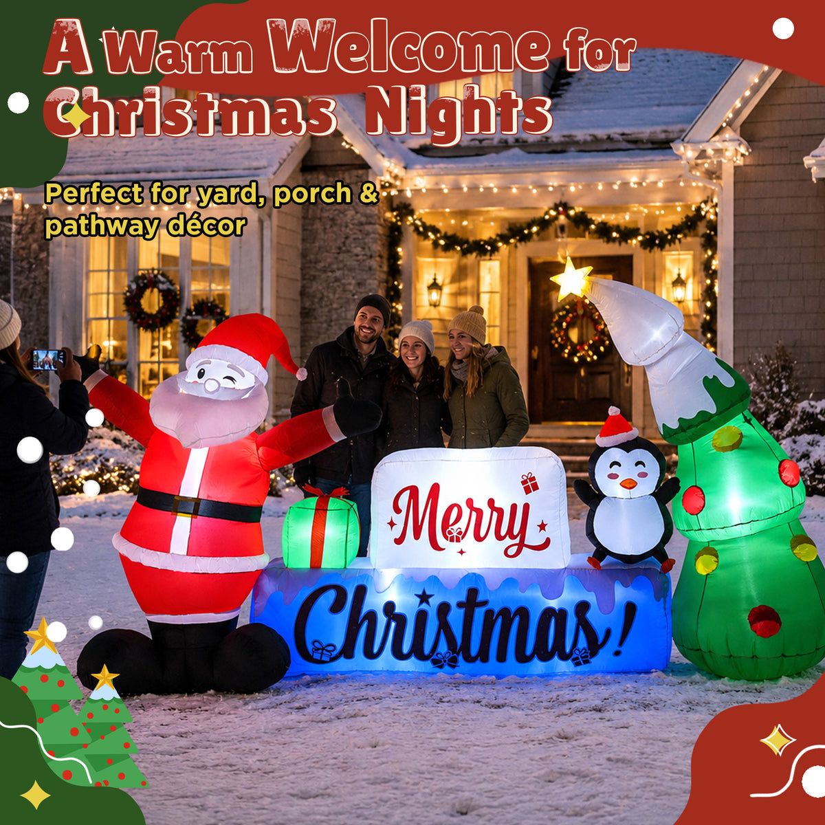 Goosiay 12 ft Christmas Inflatable Outdoor Decoration with Santa Claus, Penguin, Holiday Tree & Merry Christmas Sign, 10 LED Lights for Yard