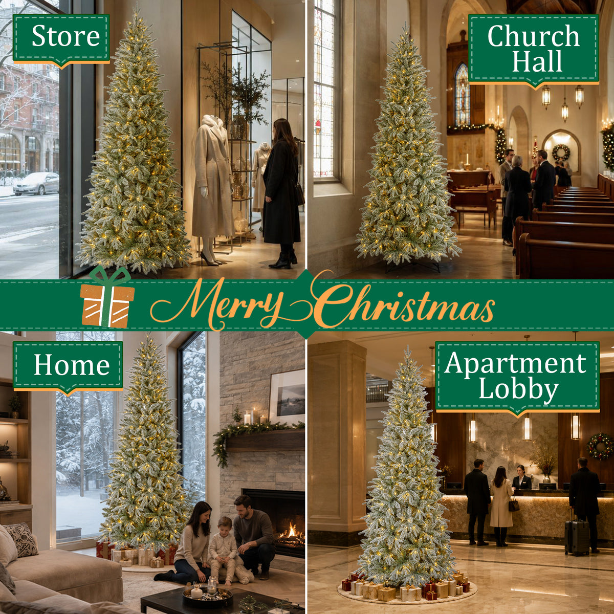 Goosiay 9 ft Pre-Lit Frosted Slim Aspen Fir Artificial Christmas Tree, PE & PVC Branches, 420 Warm White & Multicolor Lights, 10 Light Modes, 1889 Branch Tips