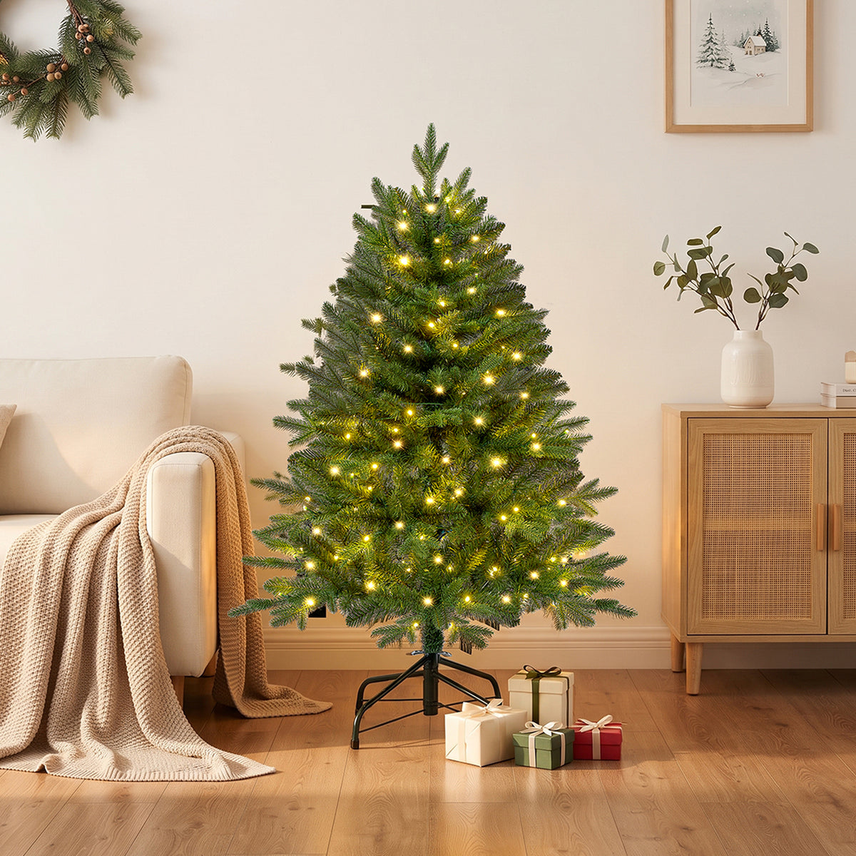 Christmas Tree, 4ft Pre-Lit Christmas Tree with 100 Warm White & Multicolor LED Lights, 465 PE & PVC Tips, Hinged Artificial Pine Tree for Small Spaces, Bedroom, Office, Entryway