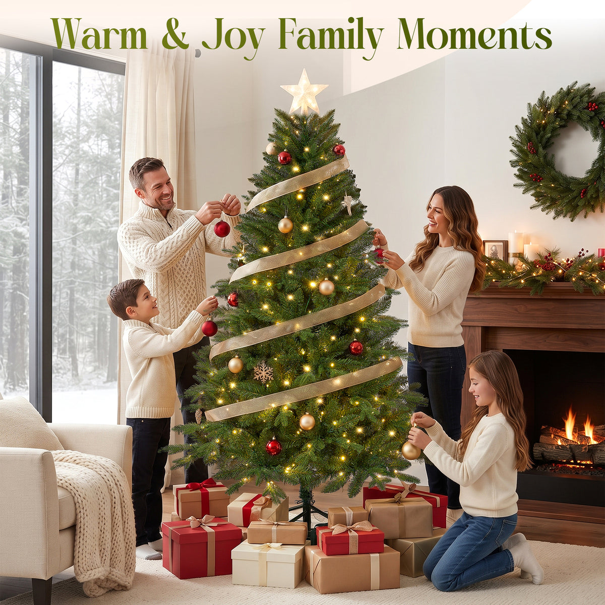 Goosiay 6ft Prelit Hinged Christmas Tree with 300 Multicolor & Warm White LED Lights, 980 Branch Tips, Metal Stand