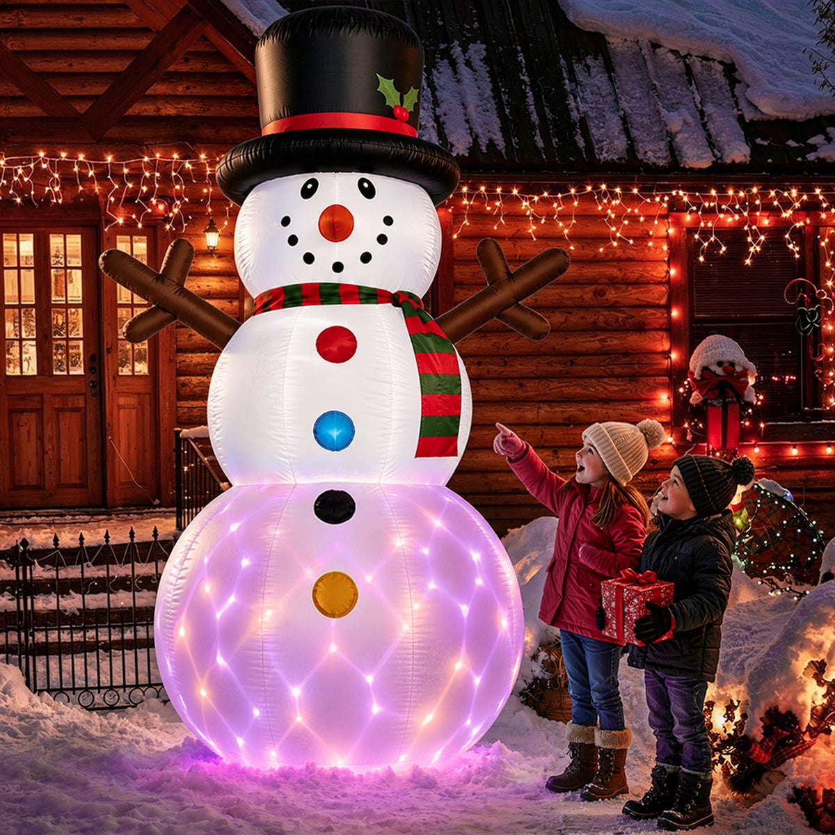 8FT Christmas Inflatable Snowman, Built-in Rotating Color LED light up for Lawn Yard Garden Decoration Indoor Outdoor Xmas Party Decor