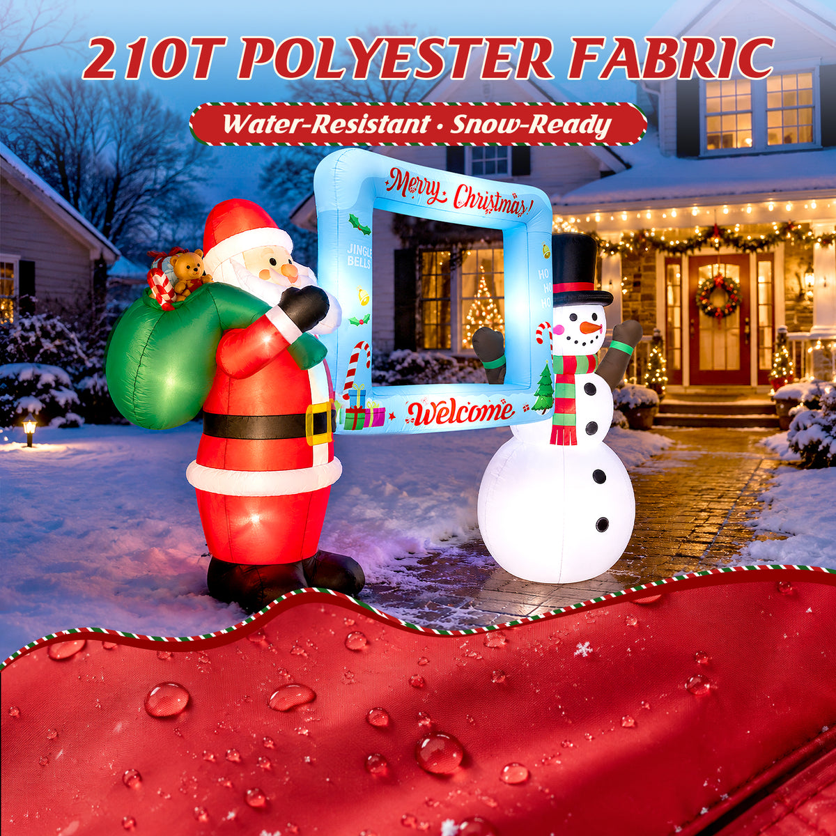 10FT Christmas Inflatable, Blow up Christmas Outdoor Decoration Selfie Picture Frame with Santa & Snowman, Pre-Lit Holiday Welcome Photo Booth Prop for Yard Family Party
