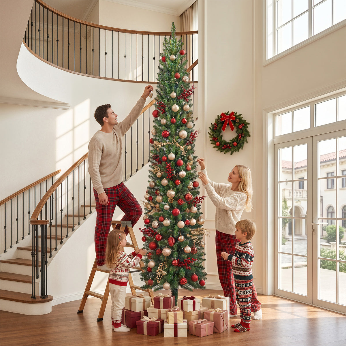9ft Pre-litPencil Christmas Tree, Prelit Artificial Christmas Tree with 800 Tips, 380 Warm White & Multicolor Lights, 10 Modes, Green Xmas Tree with Stand