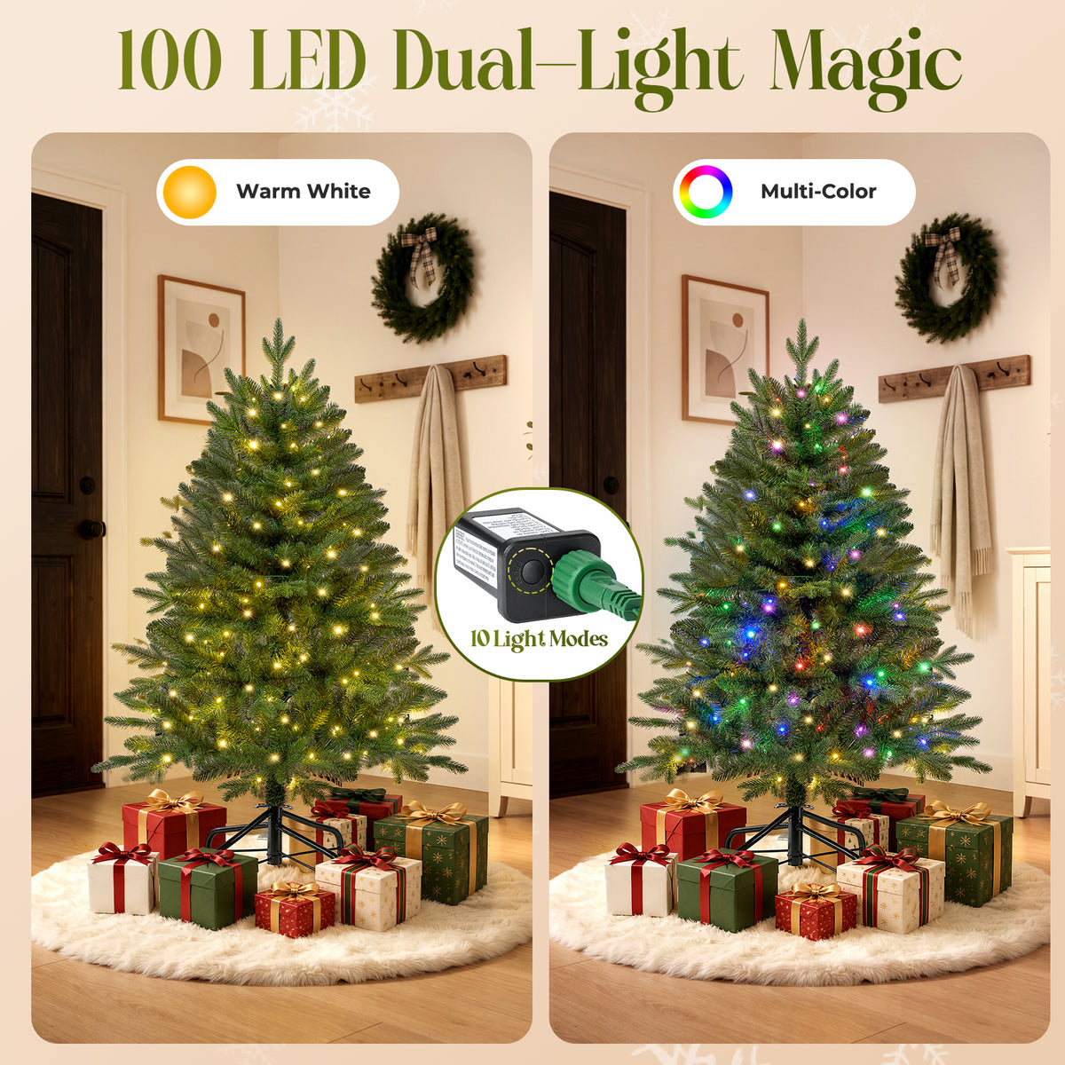Christmas Tree, 4ft Pre-Lit Christmas Tree with 100 Warm White & Multicolor LED Lights, 465 PE & PVC Tips, Hinged Artificial Pine Tree for Small Spaces, Bedroom, Office, Entryway