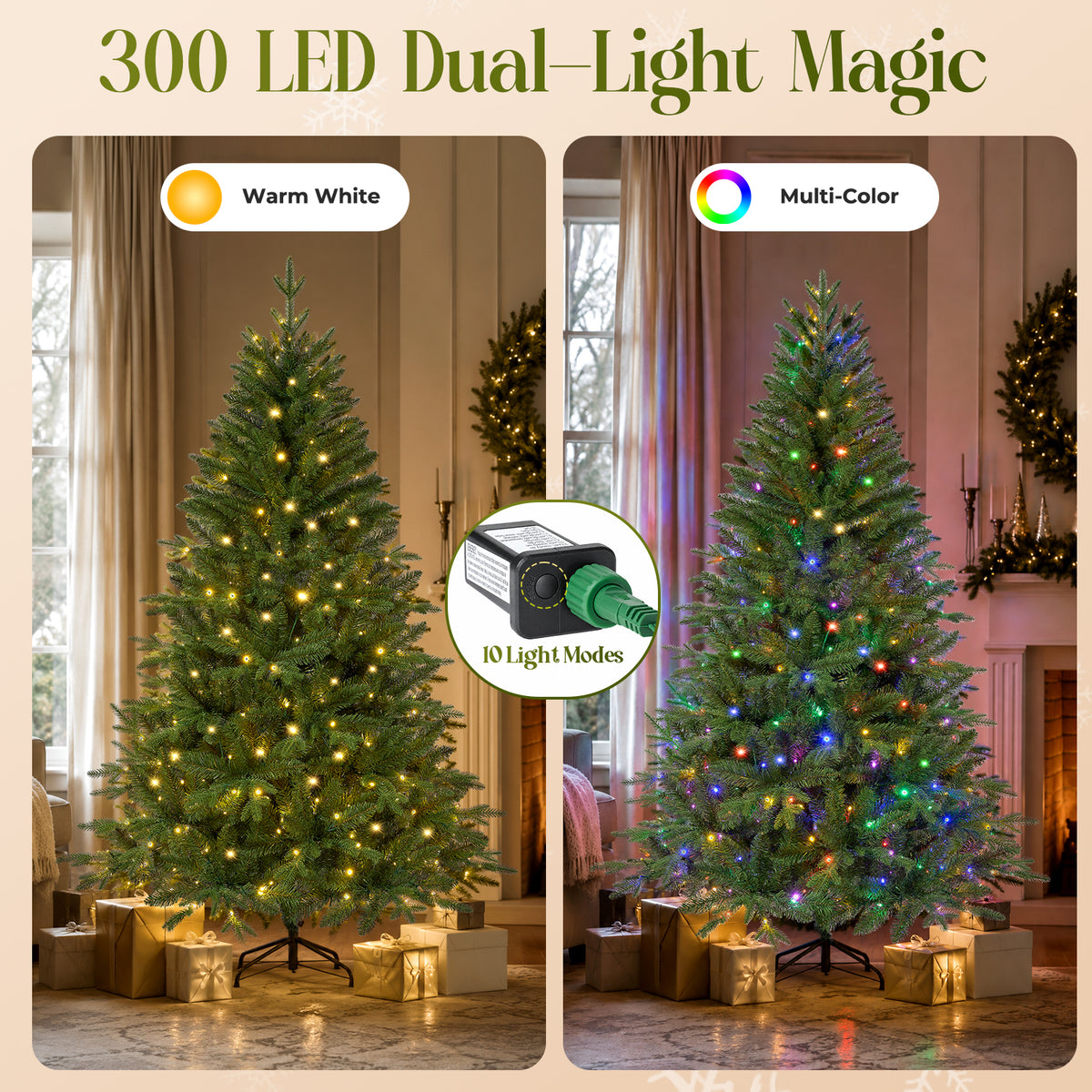 Goosiay 6ft Prelit Hinged Christmas Tree with 300 Multicolor & Warm White LED Lights, 980 Branch Tips, Metal Stand