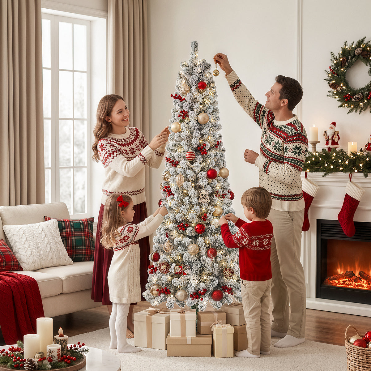 Goosiay 6ft Snow Flocked Pencil Christmas Tree, Pre-Lit Artificial Christmas Tree with 500 Tips, 250 Warm White & Multicolor Lights, 10 Modes, Slim Xmas Tree with Stand