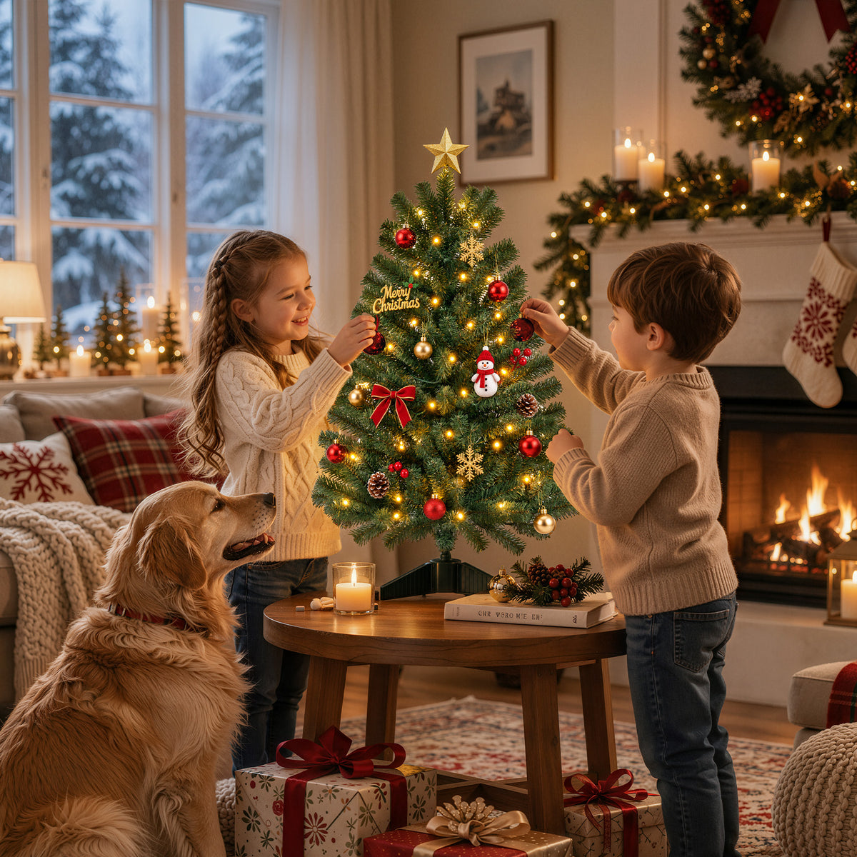 3ft Pre-Lit Christmas Tree with Warm White LED Lights, Small Green Xmas Tree for Indoor Living Room, Bedroom Holiday Decor