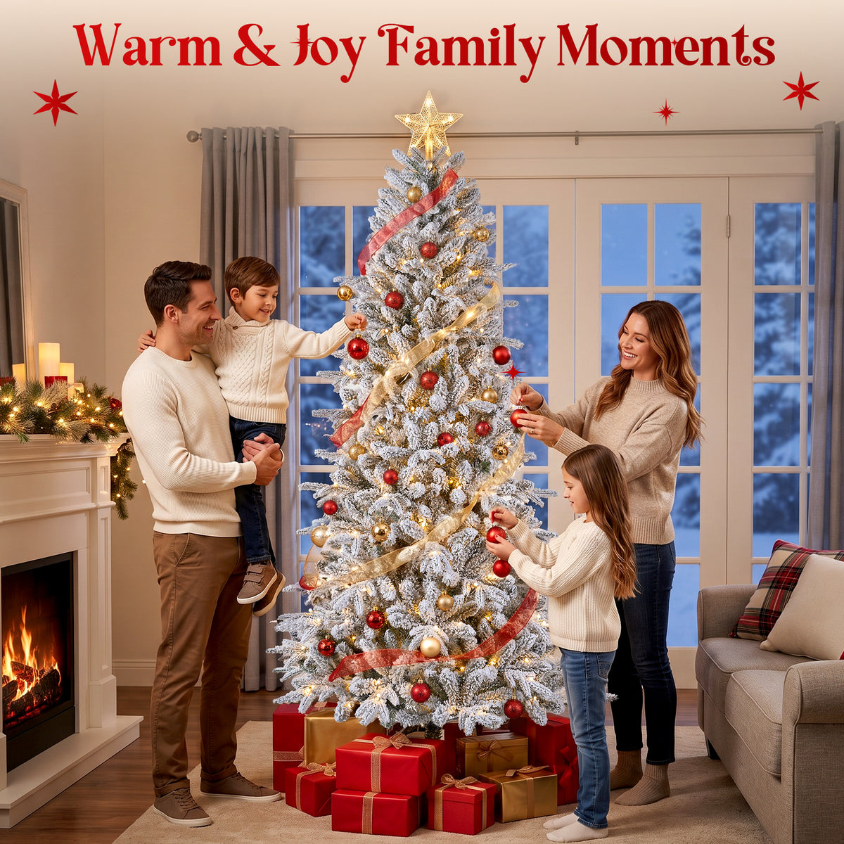 7FT Pre-Lit Flocked Christmas Tree, 300 Warm White LED Lights, 1060 PE & PVC Tips Snowy Artificial Christmas Tree
