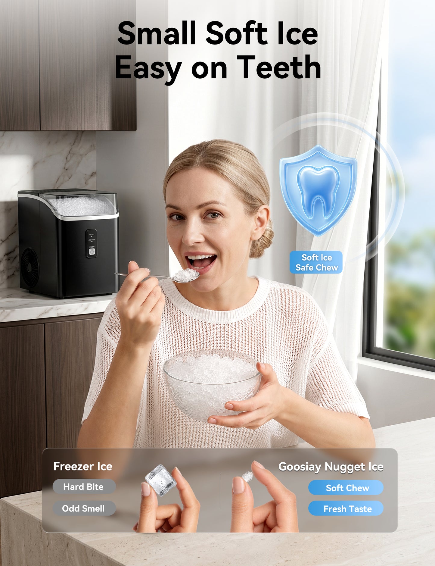Goosiay 33lb Countertop Nugget Ice Maker Machine, Compact Mini Size Chewable Pebble Crushed Portable Ice Maker, Black