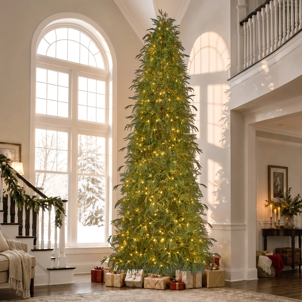 Goosiay 12 ft Pre-Lit Norfolk Pine Christmas Tree, PE Slim Artificial Tree with 800 Warm White & Multicolor 10-Function Lights, 15504 Branch Tips, Green