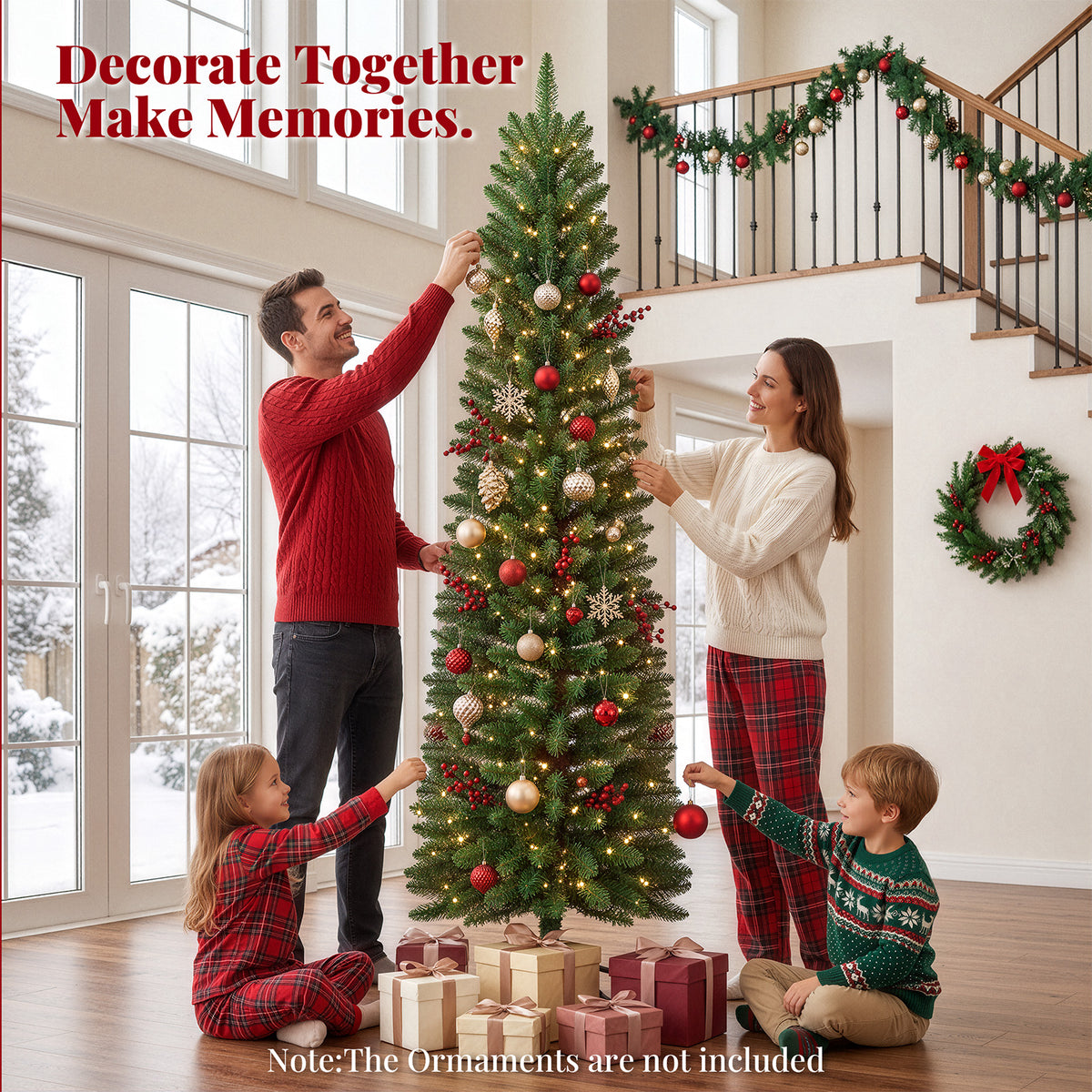 Goosiay Pre-Lit Pencil Artificial Christmas Tree, 7ft Xmas Tree with Metal Stand for Christmas Decoration, Green