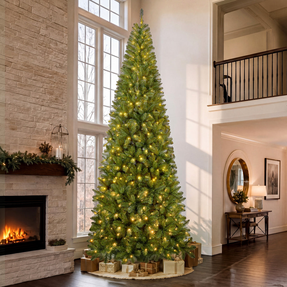 Goosiay 12 ft Pre-Lit Christmas Tree, PVC Slim Artificial Tree with 700 Warm White & Multicolor 10-Function Lights, 2740 Branch Tips,Green