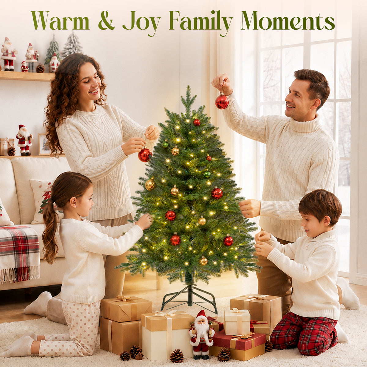 Christmas Tree, 4ft Pre-Lit Christmas Tree with 100 Warm White & Multicolor LED Lights, 465 PE & PVC Tips, Hinged Artificial Pine Tree for Small Spaces, Bedroom, Office, Entryway