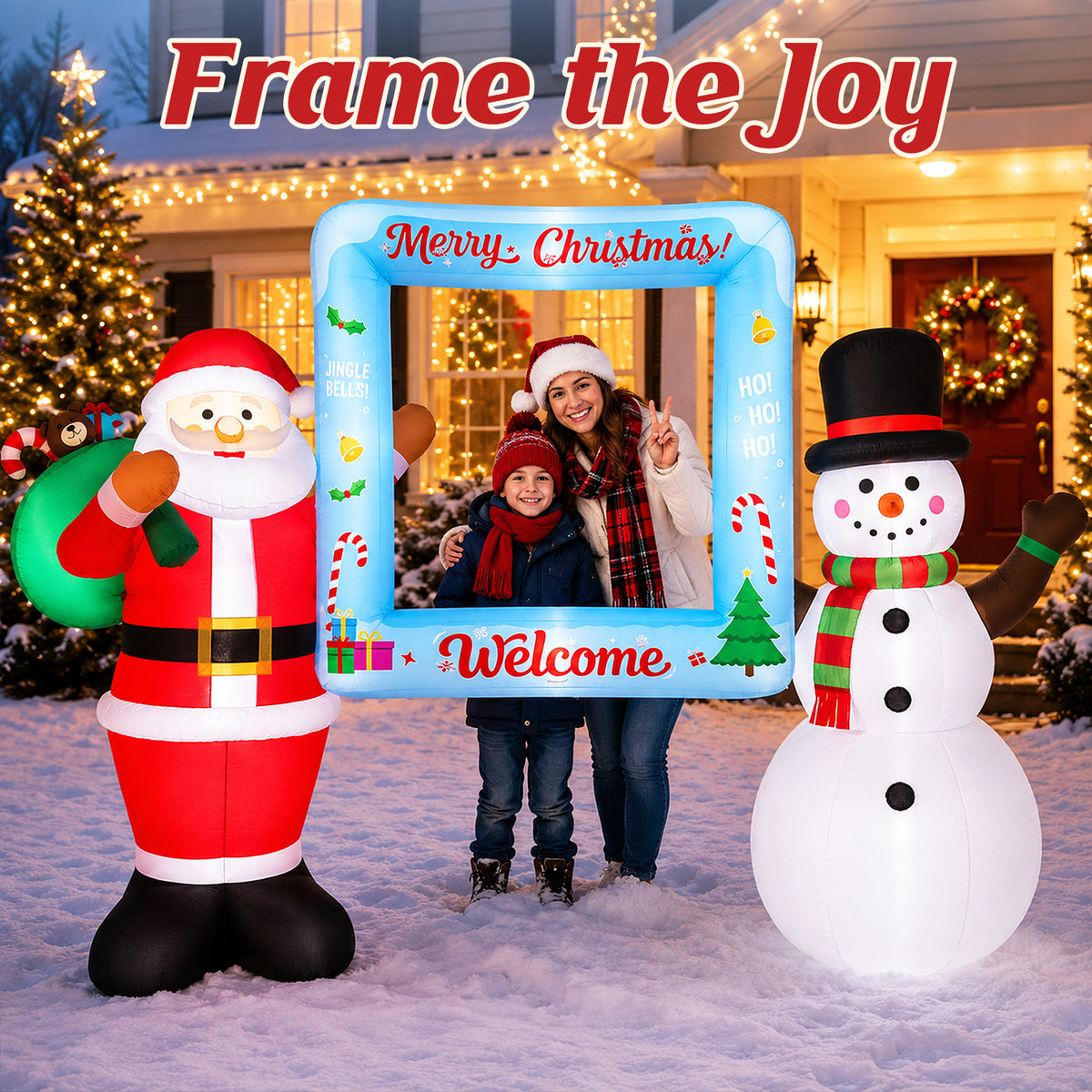 10FT Christmas Inflatable, Blow up Christmas Outdoor Decoration Selfie Picture Frame with Santa & Snowman, Pre-Lit Holiday Welcome Photo Booth Prop for Yard Family Party