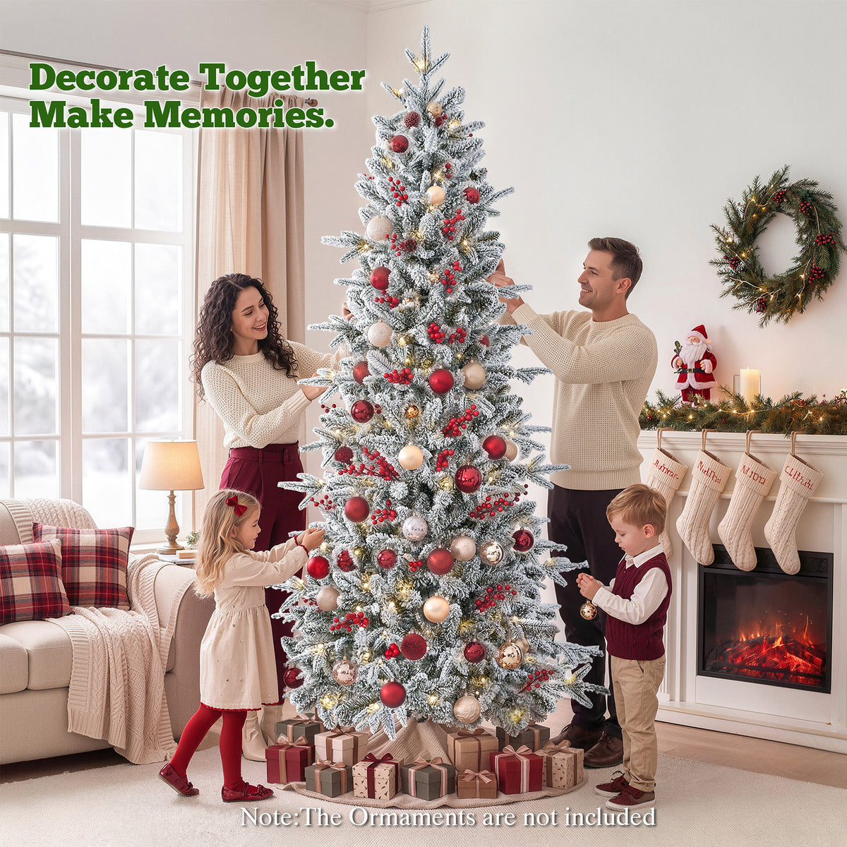 7 ft Pre-Lit Snow Flocked Slim Aspen Fir Artificial Christmas Tree, 1200 PE & PVC Tips, 300 Warm White & Multicolor LED Lights