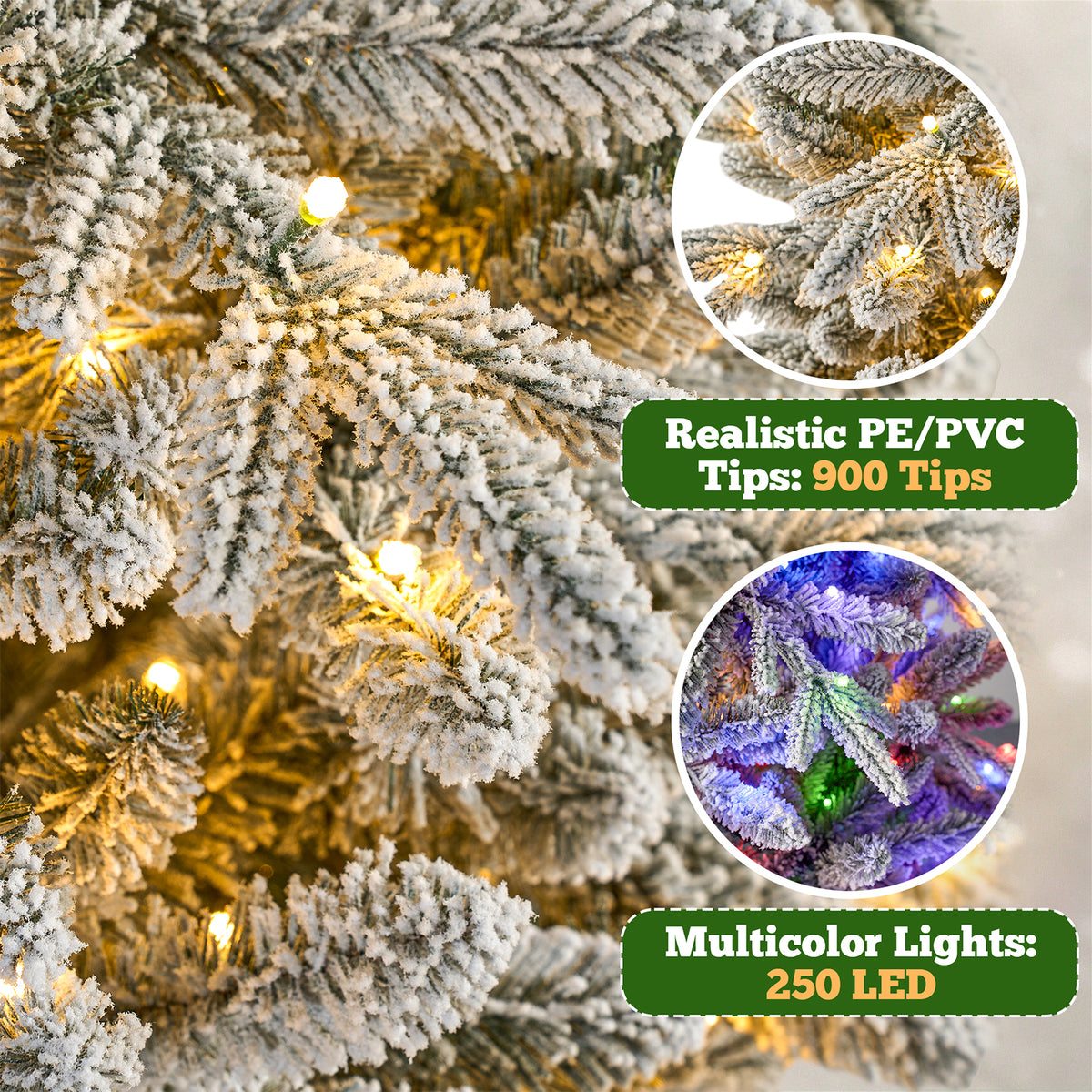 6 ft Pre-Lit Snow Flocked Slim Aspen Fir Artificial Christmas Tree, 900 PE & PVC Tips, 250 Warm White & Multicolor LED Lights