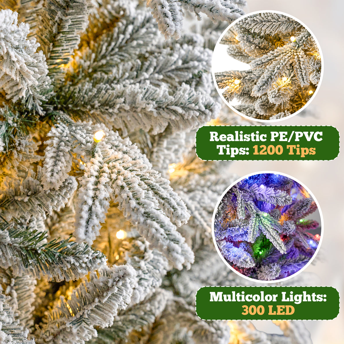 7 ft Pre-Lit Snow Flocked Slim Aspen Fir Artificial Christmas Tree, 1200 PE & PVC Tips, 300 Warm White & Multicolor LED Lights