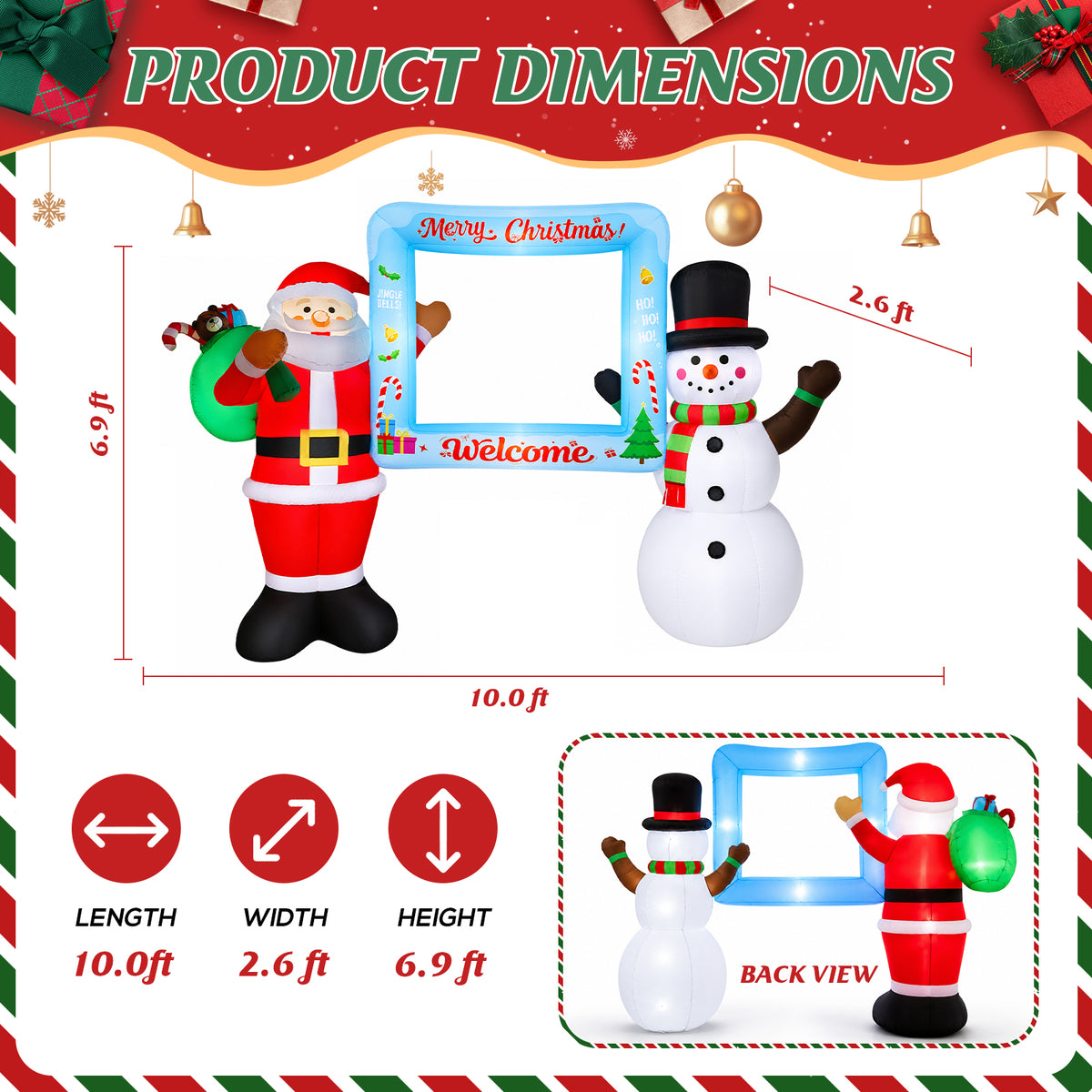 10FT Christmas Inflatable, Blow up Christmas Outdoor Decoration Selfie Picture Frame with Santa & Snowman, Pre-Lit Holiday Welcome Photo Booth Prop for Yard Family Party