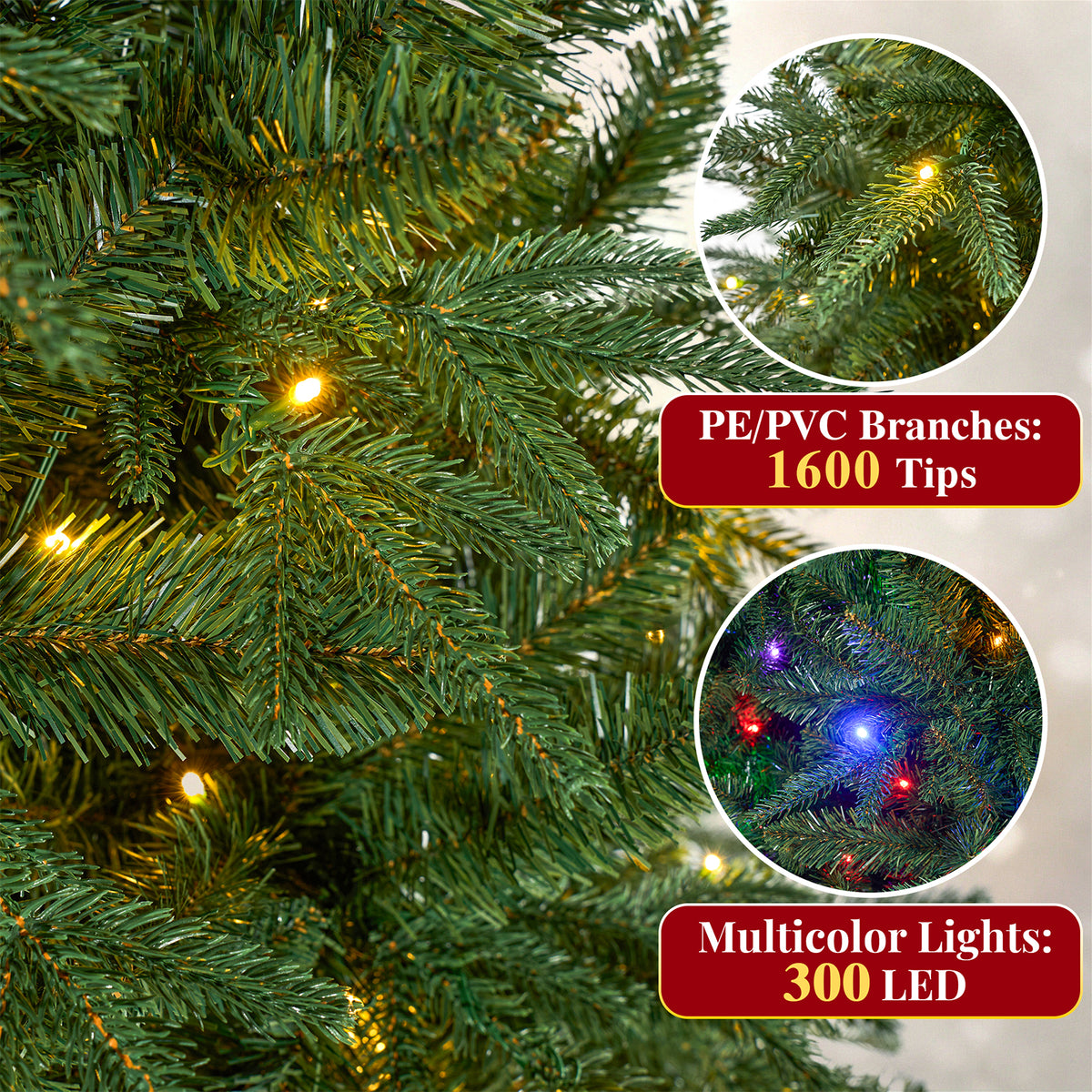 7ft Pre-Lit Artificial Christmas Tree, Aspen Fir with 1600 PE & PVC Mixed Branch Tips, Realistic Evergreen Tree with 300 Warm White & Multicolor LED Lights, 10 Lighting Modes