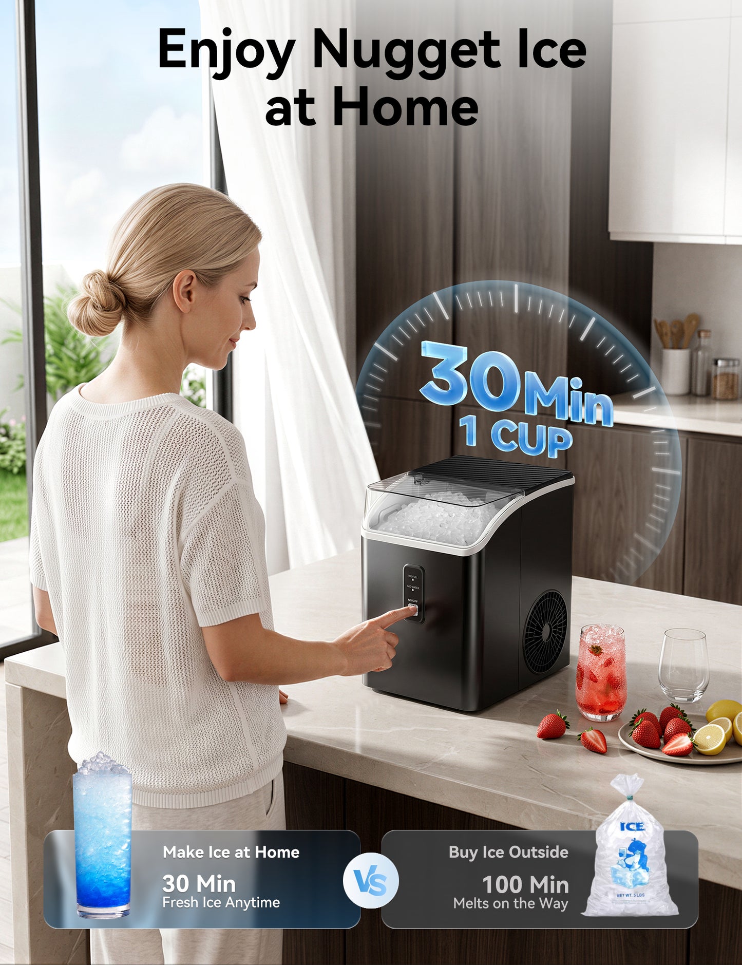 Goosiay 33lb Countertop Nugget Ice Maker Machine, Compact Mini Size Chewable Pebble Crushed Portable Ice Maker, Black