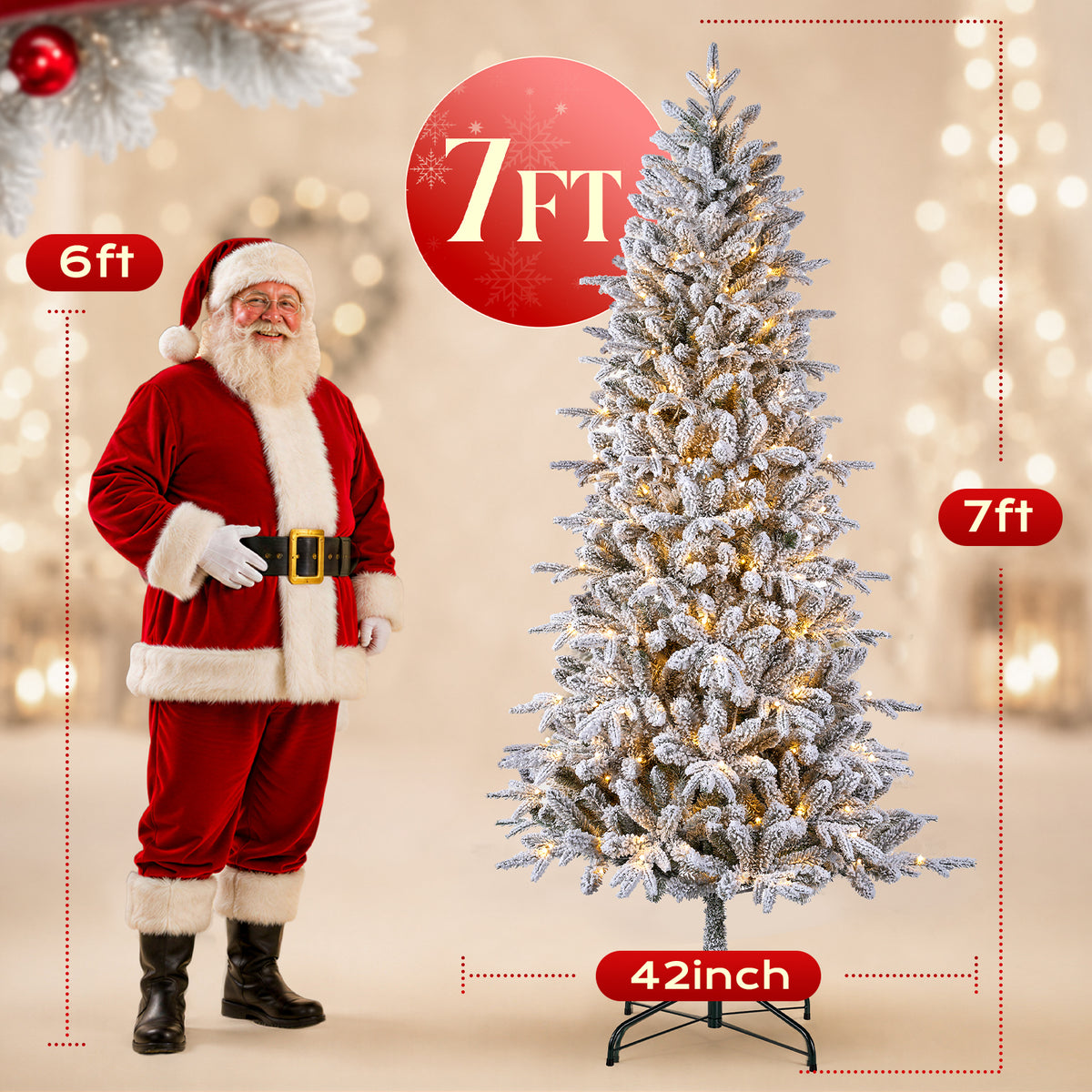 7FT Pre-Lit Flocked Christmas Tree, 300 Warm White LED Lights, 1060 PE & PVC Tips Snowy Artificial Christmas Tree