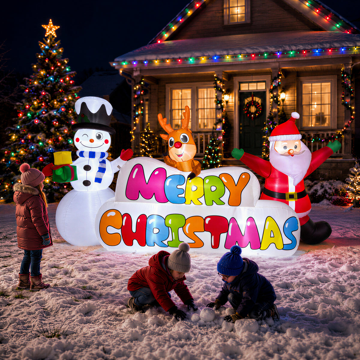 Goosiay 10FT Long Christmas Inflatable with Santa,Snowman and Reindeer,Giant Xmas Blow Up with Lighted Merry Christmas Sign for Outdoor Yard,Lawn,Garden Decor
