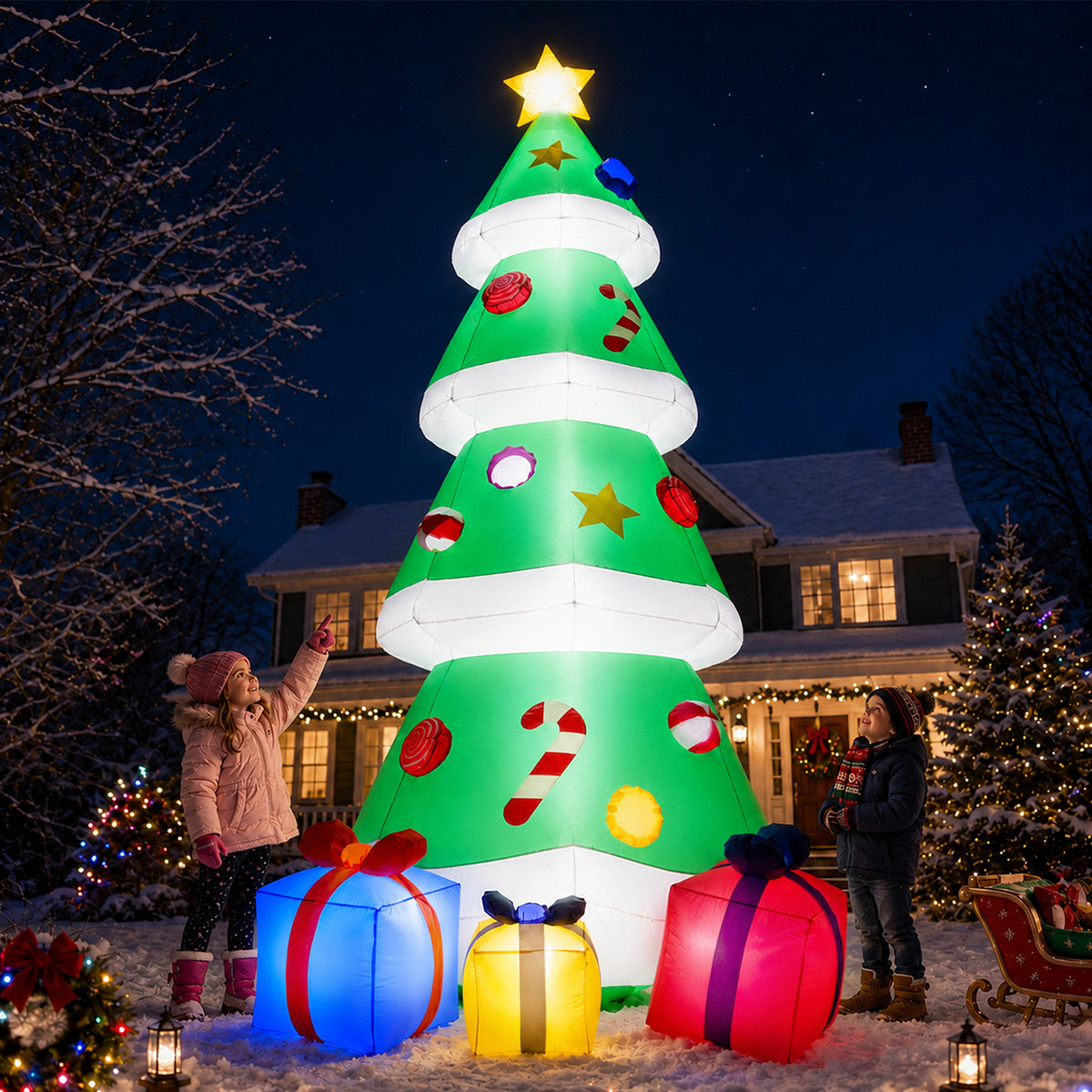 Goosiay 10FT Christmas Inflatables Tree with Built-In LED Lights and Gift Boxes, Giant Xmas Blow Up Tree Yard Decoration for Outdoor Yard Garden Lawn Decor,Green