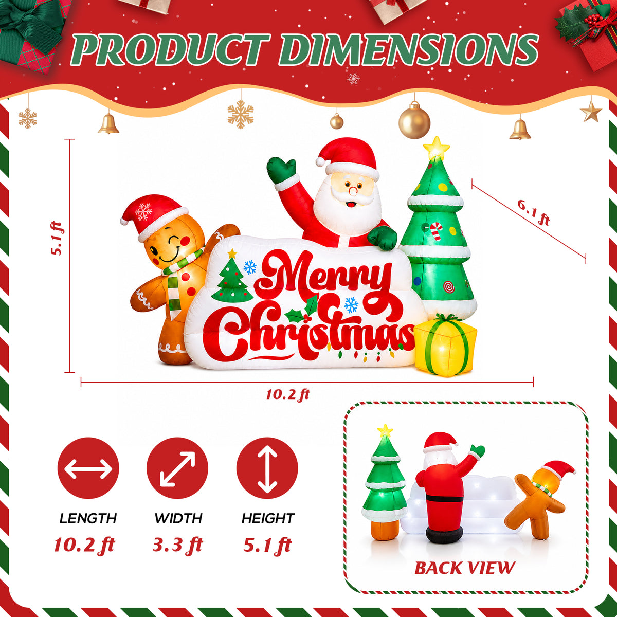 10ft Christmas Inflatables Outdoor Decorations, Merry Christmas Sign with Santa Gingerbread Christmas Tree, Built-in LEDs for Yard Lawn Garden