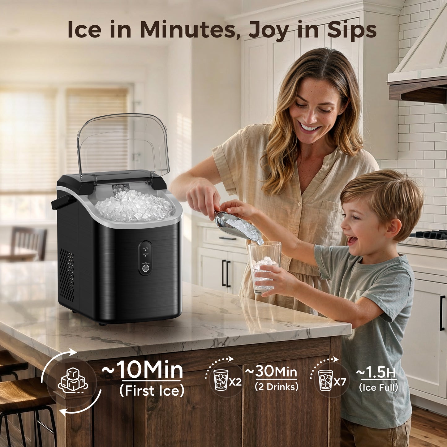 Goosiay 33lb Nugget Ice Maker Countertop, Portable Pebble Ice Machine with Handle, Soft Chewable Pellet, Stainless Steel Black