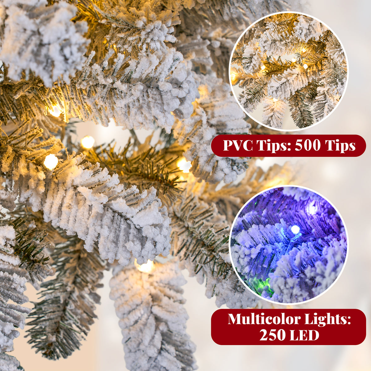 Goosiay 6ft Snow Flocked Pencil Christmas Tree, Pre-Lit Artificial Christmas Tree with 500 Tips, 250 Warm White & Multicolor Lights, 10 Modes, Slim Xmas Tree with Stand