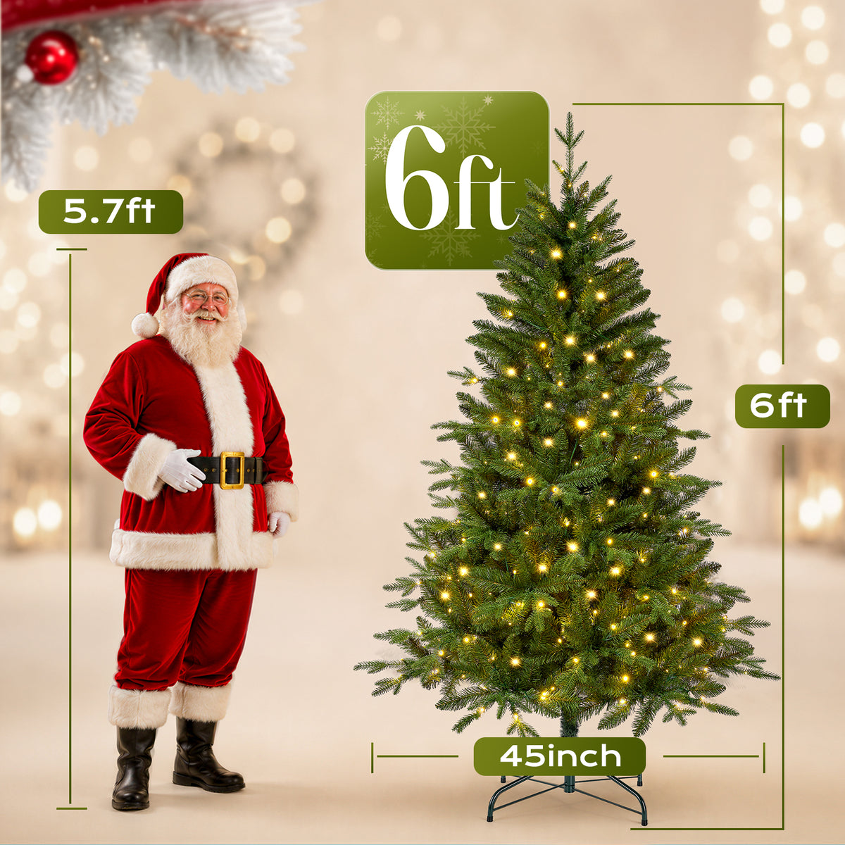 Goosiay 6ft Prelit Hinged Christmas Tree with 300 Multicolor & Warm White LED Lights, 980 Branch Tips, Metal Stand